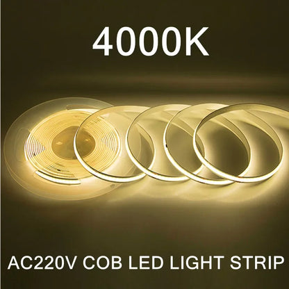 AC220V 240LEDs/M COB LED Strip Light Flexible Tape Lights Smart IC No Need Driver High Bright Linear Lighting RA95 Warm White