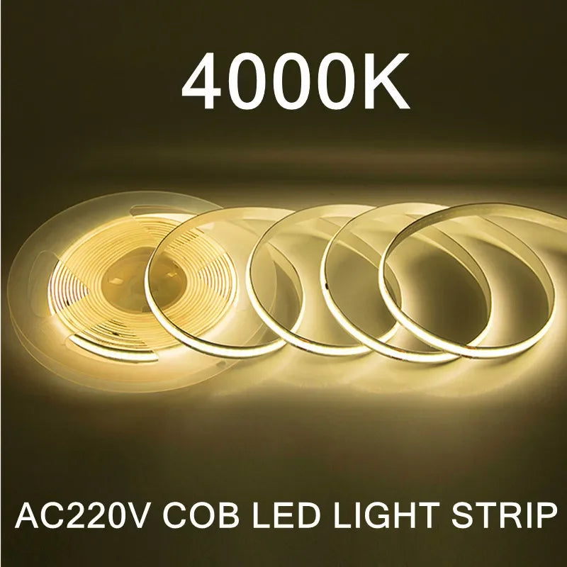 AC220V 240LEDs/M COB LED Strip Light Flexible Tape Lights Smart IC No Need Driver High Bright Linear Lighting RA95 Warm White
