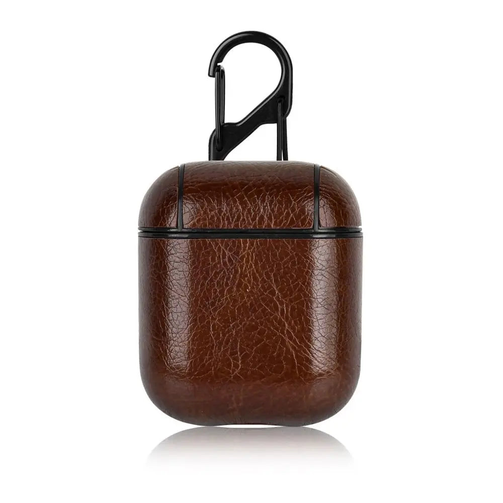 PU Leather Earphone Case for AirPods 1/2 Gen Earbuds Cover Wireless Headphone Protective Shell with Carabiner