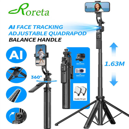 Selfie Stick Tripod Gimbal for Cell Phone 360° Auto-Rotation AI Tracking Stabilizer Shooting Quadrapod with Optional Fill Light