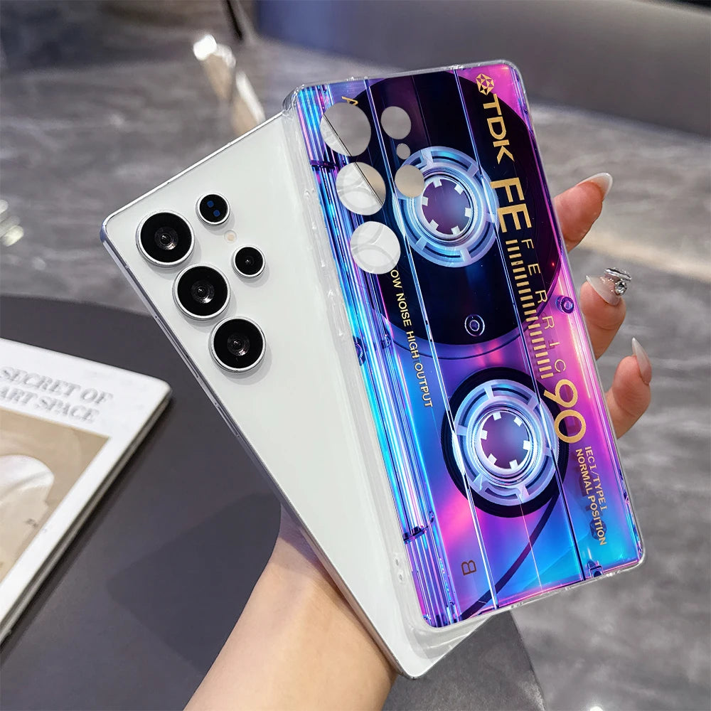 Neon Glow Cassette Clear Soft TPU Back Cover For Samsung Galaxy S26 S25 S24 FE A15 A55 A57 Shockproof Phone Case