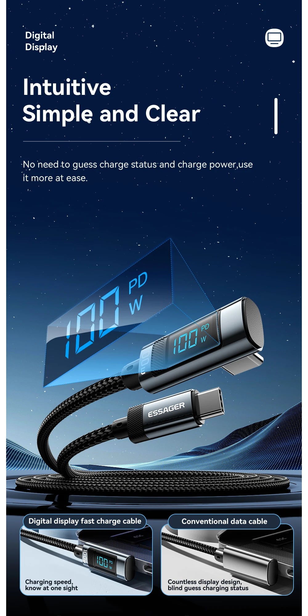 Essager PD100W USB Type C Cable 90 Degree 5A Fasting Charing For iPhone Xiaomi Samsung Huawei Laptops LED Digital Display Cable