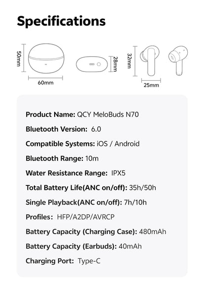 Ship From ES/PL/BR QCY HT18 MeloBuds N70 Wireless Earphones Bluetooth 6.0 Adaptive Hybrid ANC 6 Mics LDAC Hi-Res Audio Earbuds