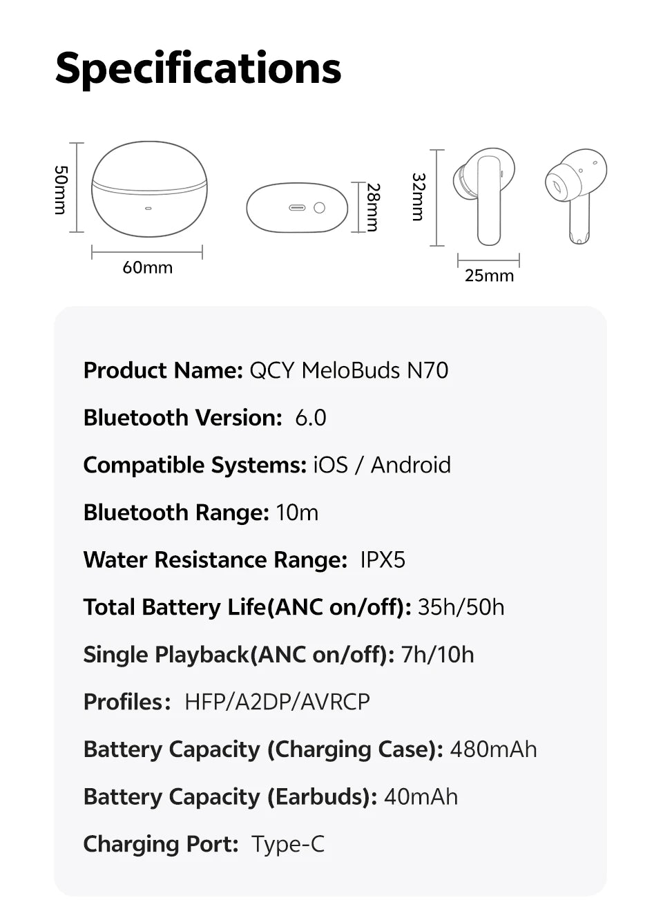 Ship From ES/PL/BR QCY HT18 MeloBuds N70 Wireless Earphones Bluetooth 6.0 Adaptive Hybrid ANC 6 Mics LDAC Hi-Res Audio Earbuds