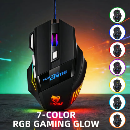 T-WOLF Wired Gaming Mouse 7 Buttons RGB Backlit Mouse Fire Button 2400 DPI Adjustable Ergonomic Optical Mouse for PC Laptop Gamer Professional