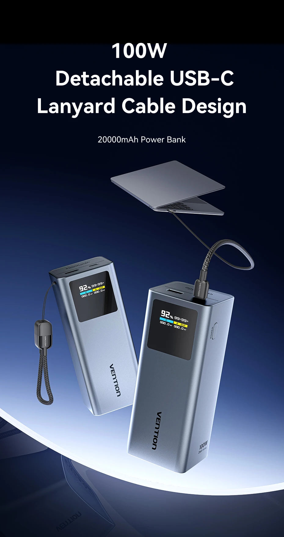 Vention 100W 20000mAh Power Bank PD External Battery PowerBank for iPhone 17 Fast Charging With USB-C Cable TFT Digital Display