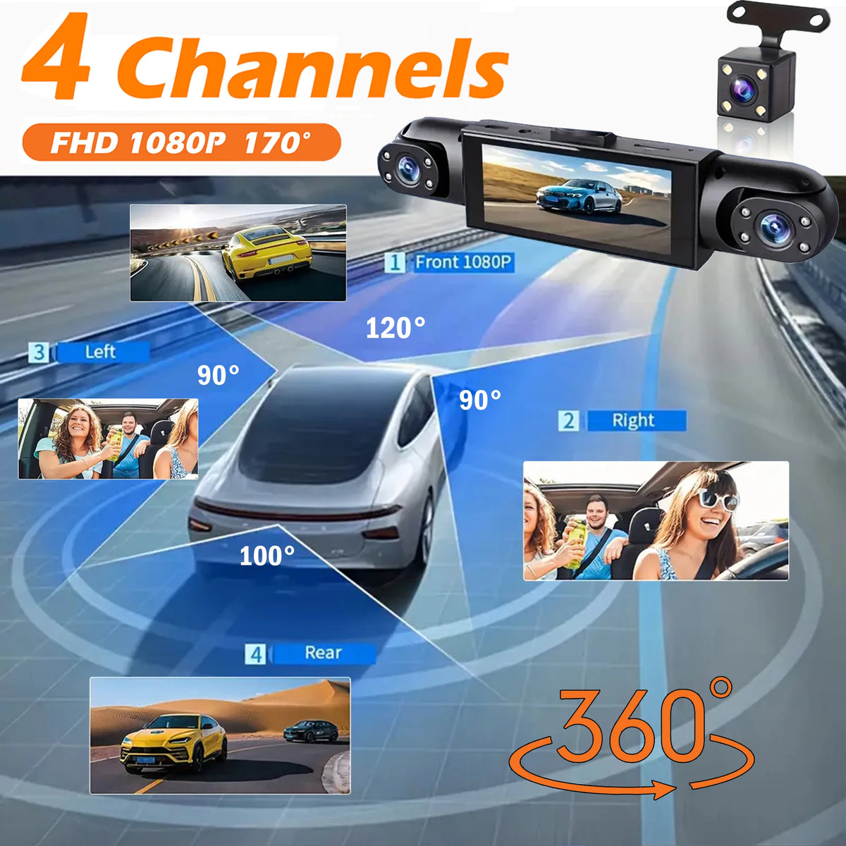 4 Channel Dash Cam 360° Car Video Recorder Black Box with Night Vision 24/7 Parking Monitor G-Sensor Loop Recording Auto Parts