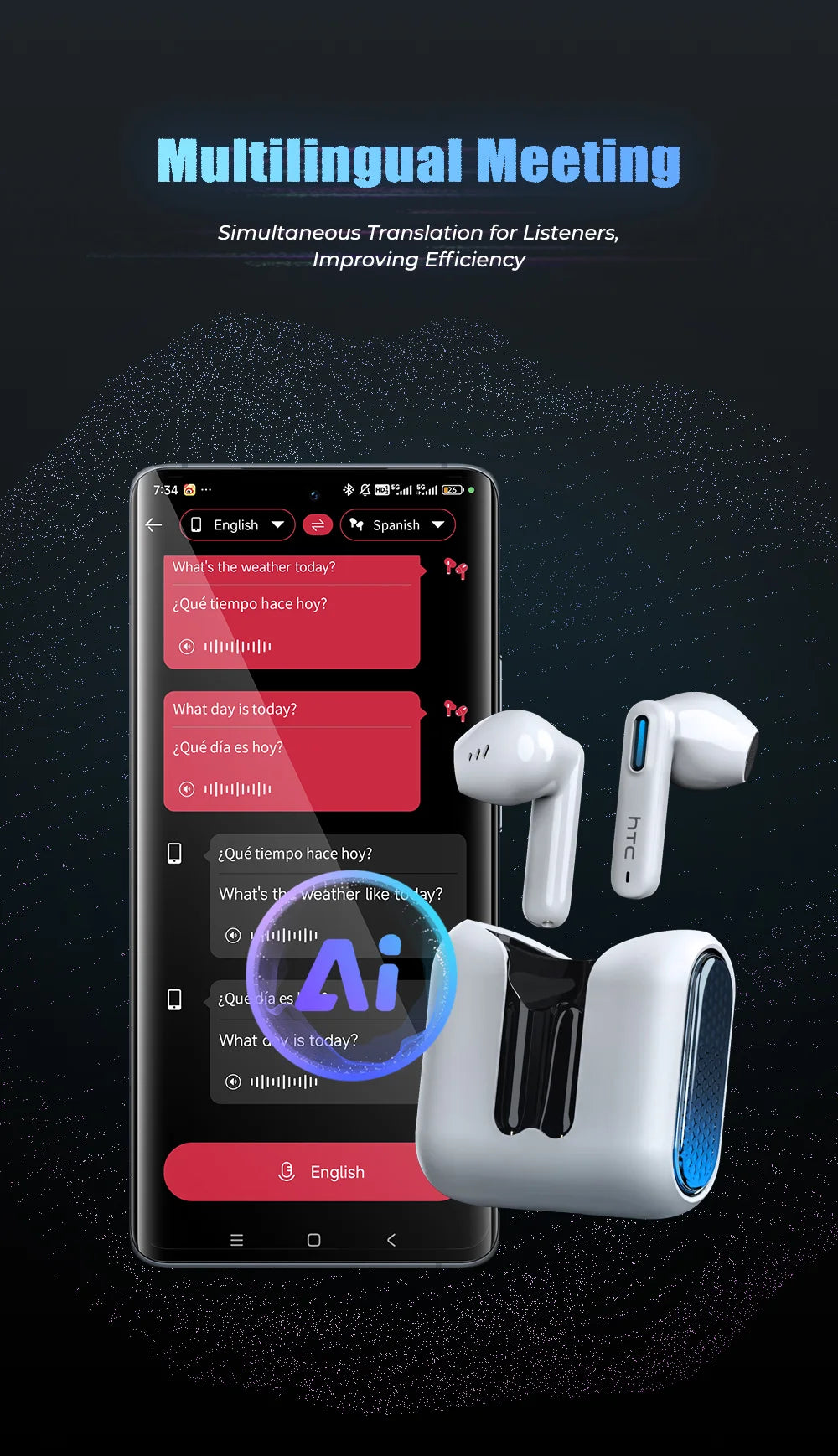 HTC Wireless Bluetooth Earphones Low Latency Gaming Headphones USB-C 30Hrs Playback Comfortable Earbuds With Noise Canceling Mic