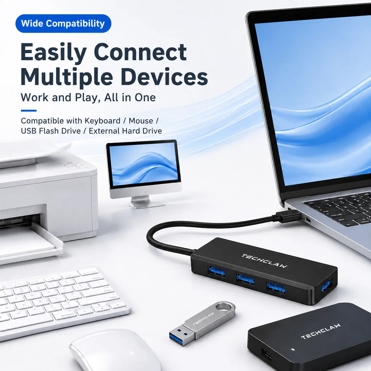 TECHCLAW USB 3.2 Hub 4 Ports USB-A Splitter 5Gbps High Speed USB Hub Adapter Portable Multi USB Expander for Laptop PC Computer