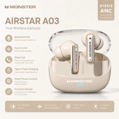 Monster Airstar A03 ANC Bluetooth 6.0 Earbuds Punchy Deep Bass Sports Headphones Active Noise Cancellation TWS Wireless Earphone