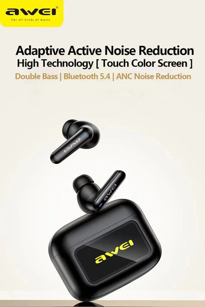 AWEI T56 ANC Wireless Bluetooth V 5.4 Earphones Noise Reduction Headphones Full-Color LED Touchscreen TWS Sport Headest With Mic