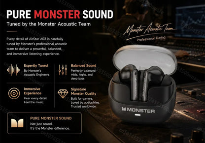 Monster Airstar A03 ANC Bluetooth 6.0 Earbuds Punchy Deep Bass Sports Headphones Active Noise Cancellation TWS Wireless Earphone