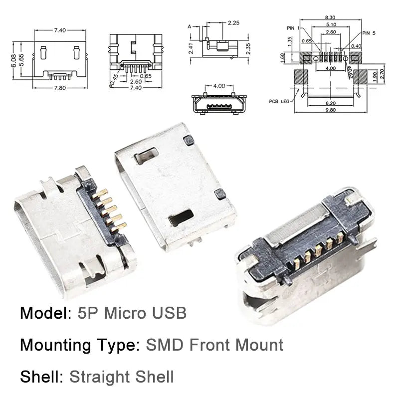 10PCS Micro USB Android Female Charging Socket, Flat Edge Crimped Type, 5Pin, 4 Mounting Pins, SMD & DIP Tail Connector