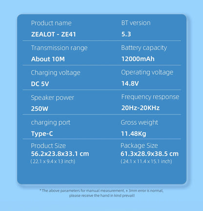 ZEALOT ZE41 250W Bluetooth Subwoofer | 48000mAh Long-Lasting Battery, RGB Lights, OTG Recording, Smart APP Control