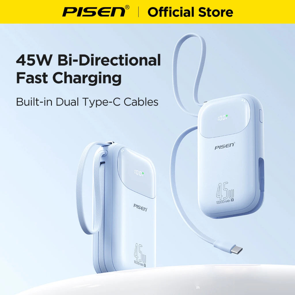 PISEN 45W Fast Charging Power Bank Built-in Dual USB-C Cable 10000mAh/ 20000mAh Mini Portable Powerbank For iPhone 17 Xiaomi