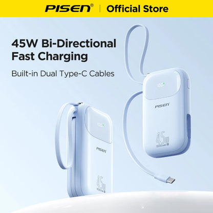 PISEN 45W Fast Charging Power Bank Built-in Dual USB-C Cable 10000mAh/ 20000mAh Mini Portable Powerbank For iPhone 17 Xiaomi