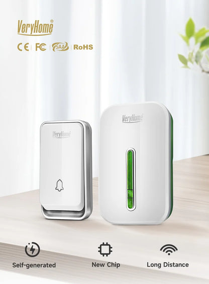 Self-Powered Wireless Doorbell No Battery Needed, 100dB Loud Chime, 120m Range, Waterproof (IP44), 52 Melodies
