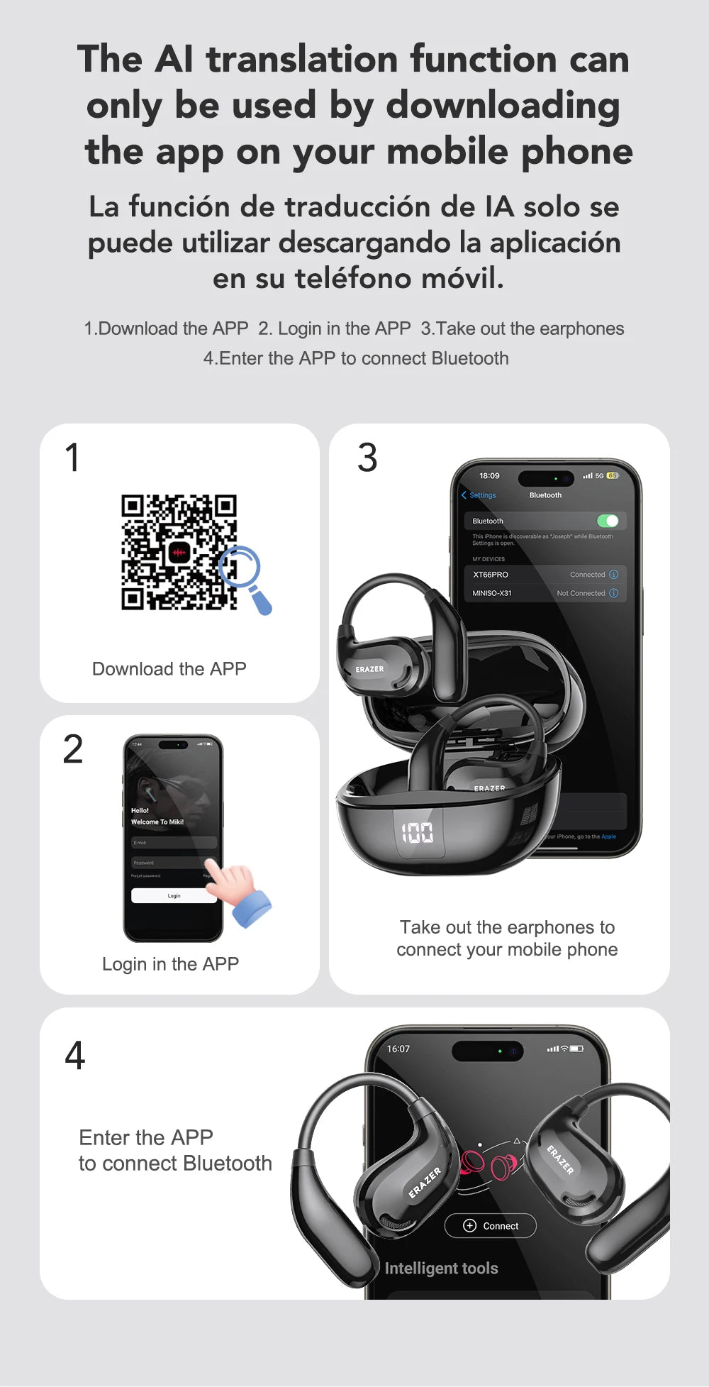 Erazer XT66 Intelligent Translator Earphone Wireless Headphones Bluetooth Earbuds Real-time Translate Equalizer APP Built-in Mic
