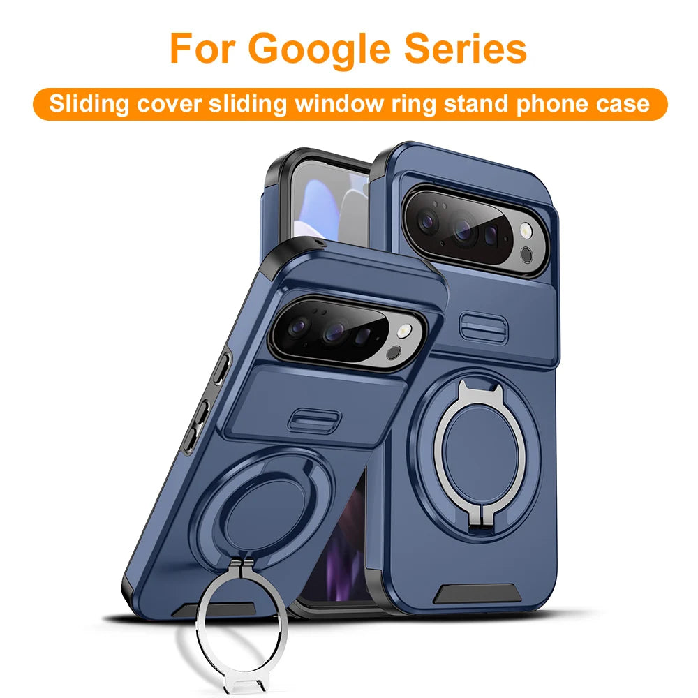 Heavy Duty Rugged Phone Case for Google Pixel 10 9  Pro XL 7 8 9 10 Pro 8A 9A Cases with Sliding Lens Cover Ring Kickstand Funda