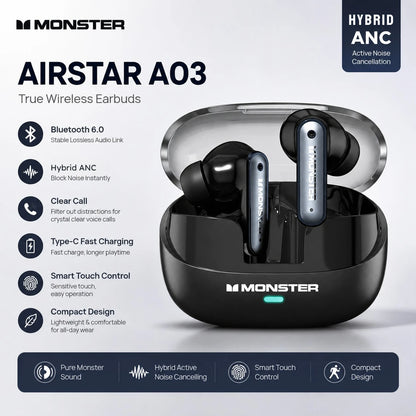 Monster Airstar A03 ANC Bluetooth 6.0 Earbuds Punchy Deep Bass Sports Headphones Active Noise Cancellation TWS Wireless Earphone