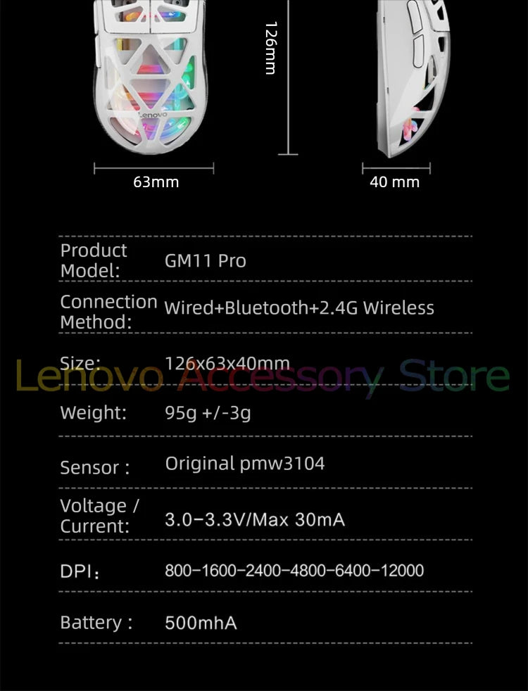 Lenovo Aurora Gaming Mouse GM11 Pro RGB 3-mode 2.4G Wireless Bluetooth 12000 DPI Adjustable Lightweight Portable Rechargeable