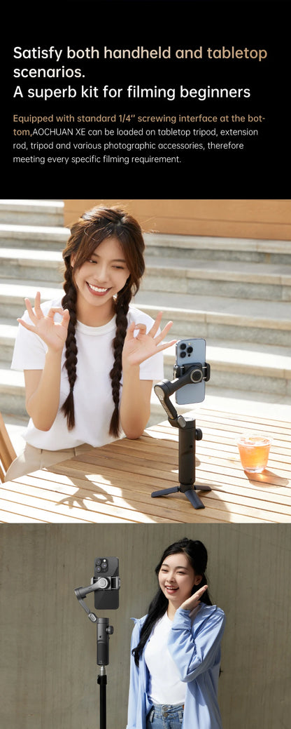 AOCHUAN 3-Axis Handheld Gimbal Stabilizer for Smartphone with Fill Light for iPhone Android Face Tracking Vlog Smart XE