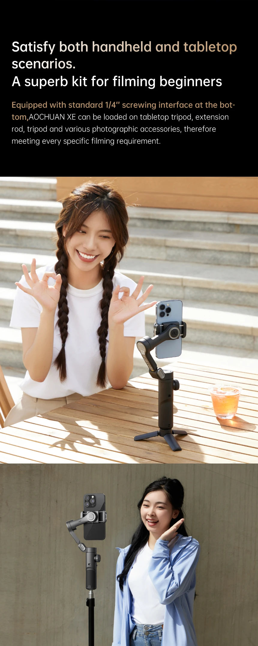 AOCHUAN 3-Axis Handheld Gimbal Stabilizer for Smartphone with Fill Light for iPhone Android Face Tracking Vlog Smart XE