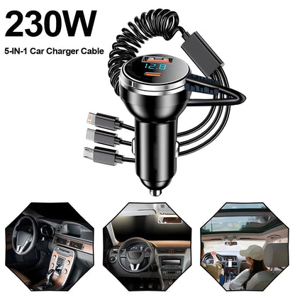 230W Car Charger PD QC 3.0 Fast Charging 3‑in‑1 Coiled Cable L-Port Type‑C Micro USB Dual Port Car Phone Charger with LED Displa