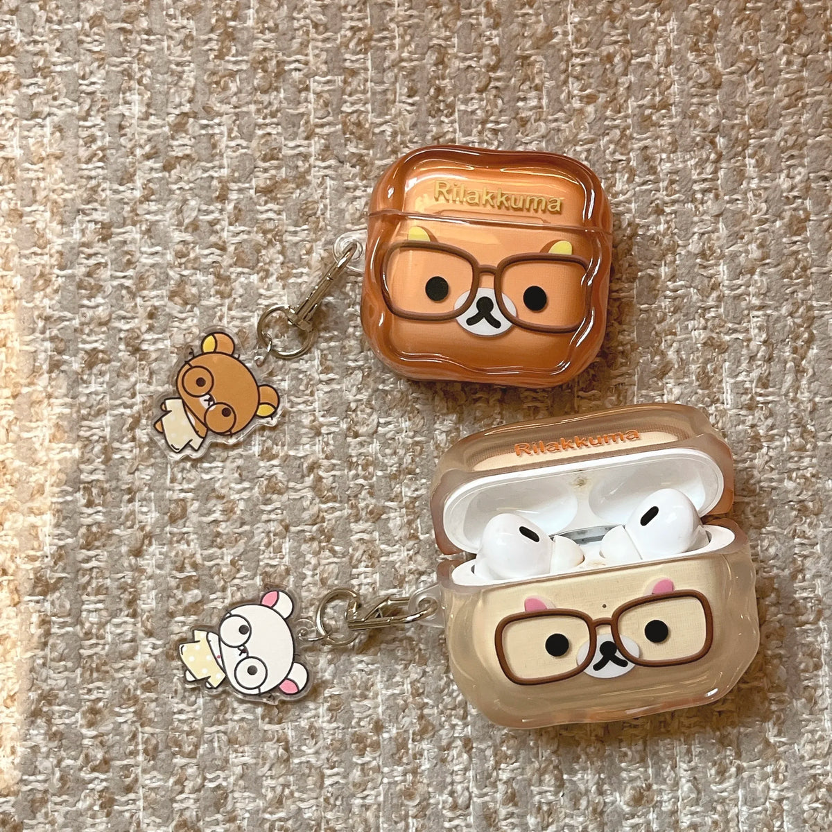 Korean Cute Rilakkuma Glasses Clear AirPods Case with Keychain for AirPods 1 2 3 4 Pro 2 Pro 3 Cute Shockproof Protective Cover