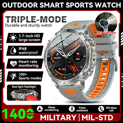 LIGE New 1400mAh Battery Smart Watch Men BT Call Waterproof Heart Rate Monitor Flashlight & SOS Red Light Sports Smartwatch Men
