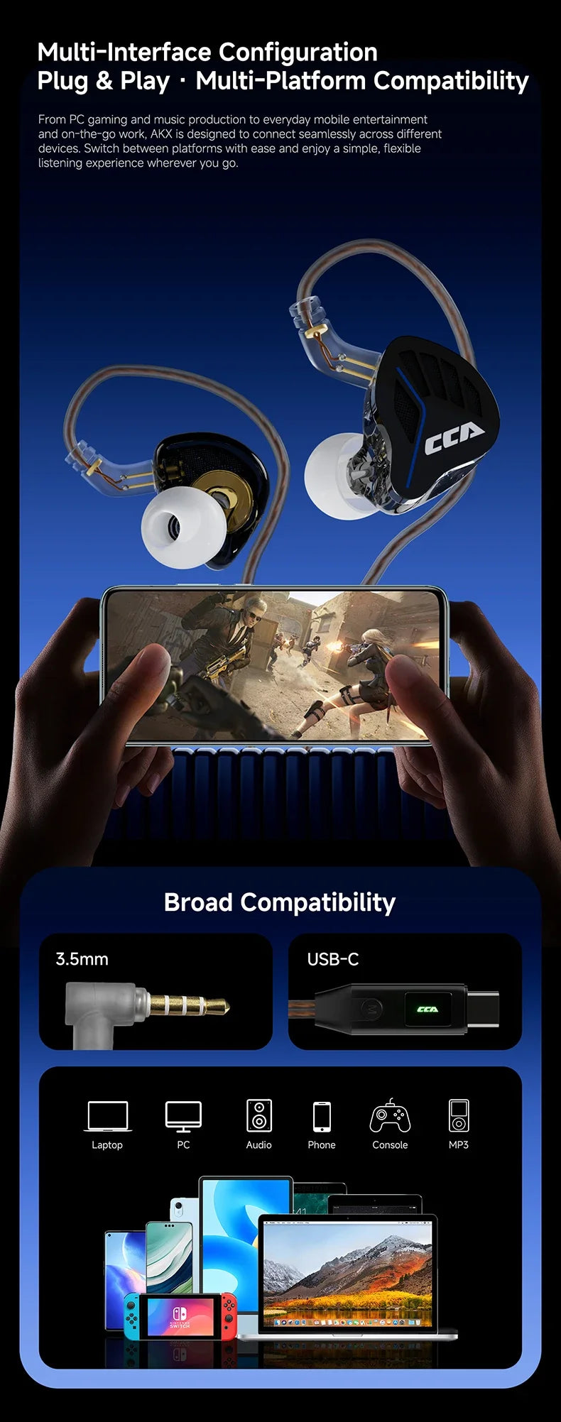 CCA-akx Wired In-Ear Headphones for Live Monitoring, High-Quality HiFi, 3.5mm Interface with Dedicated Anchoring.
