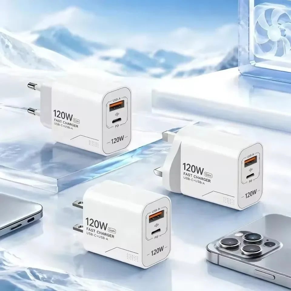 USB 120W Charger 2-Port GaN Type C Charger USB-C Fast Charging Wall Adapter US/EU Plug Phone Charger Compatible With Phone
