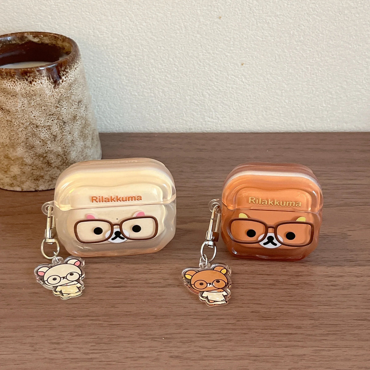 Korean Cute Rilakkuma Glasses Clear AirPods Case with Keychain for AirPods 1 2 3 4 Pro 2 Pro 3 Cute Shockproof Protective Cover