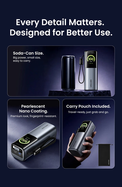 Vention 200W 25000mAh Power Bank Retractable Cables Portable PD External Battery PowerBank for Laptop Macbook Pro Fast Charge