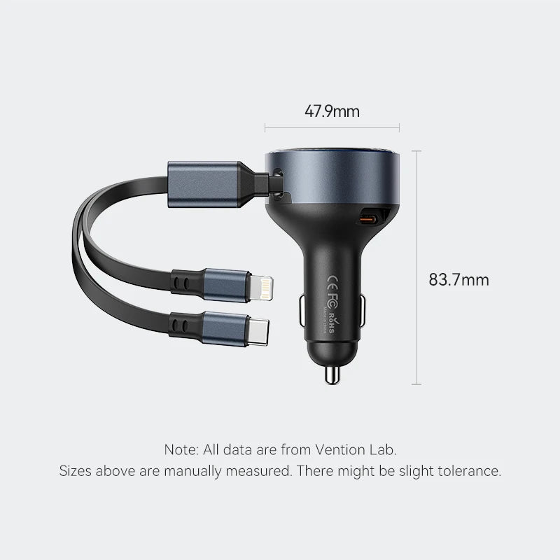 Vention 60W Retractable Car Charger 3 in 1 PD 30W QC 3.0 Fast Charging for iPhone 17 16 Samsung Tablet Cord Cigarette Adapter