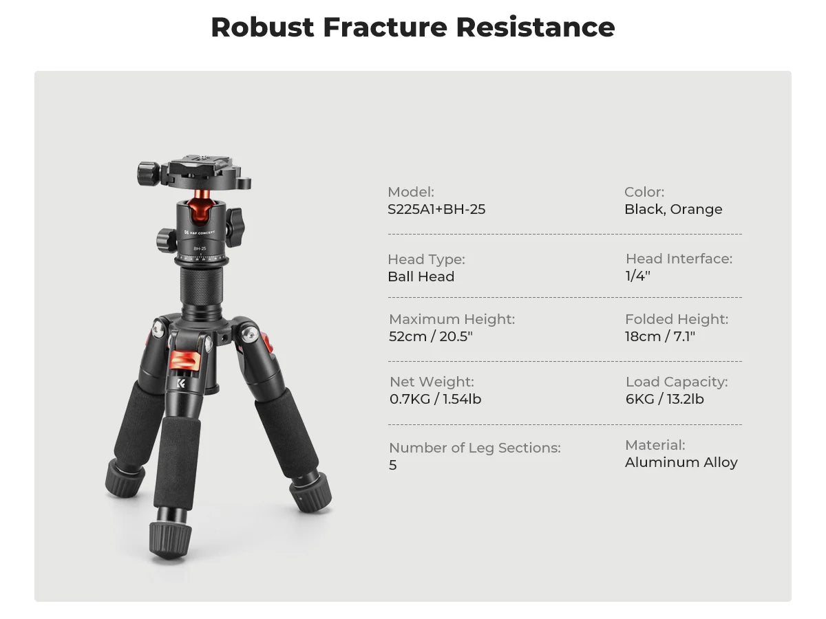 K&F CONCEPT 52cm Desktop Mini Tripod for Camera Compact Tripod 360° Low Profile Ball Head 1/4'' Screw for Camera Video Camcorder