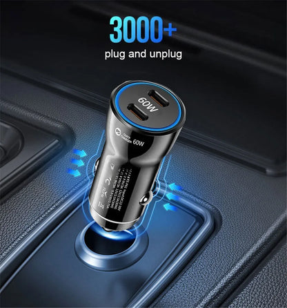 MZX 60W 48W 30W Duar Car Charger PD USB A Type C Smart Quick Charge 12V 24V Cigar Lighter Ultra QC 3.0 Charging for Cell Phone