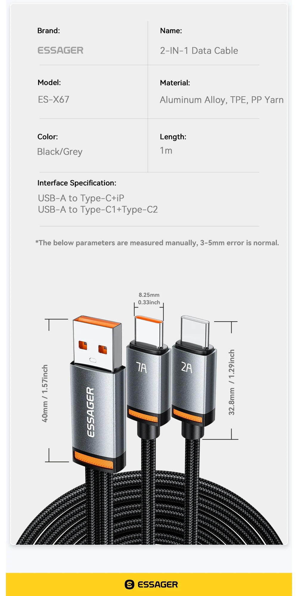 Essager 2 in 1 USB Cable 7A Charger Cable for iPhone 15 16 USB A To Type C to Lighting Cable for Macbook Samsung Xiaomi Huawei