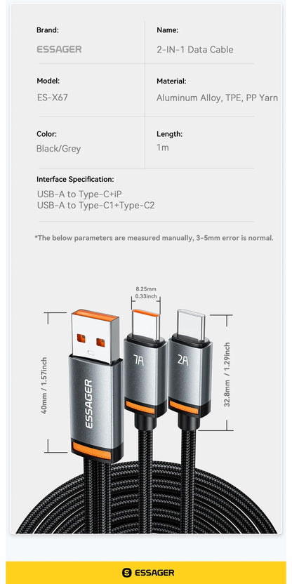 Essager 2 in 1 USB Cable 7A Charger Cable for iPhone 15 16 USB A To Type C to Lighting Cable for Macbook Samsung Xiaomi Huawei