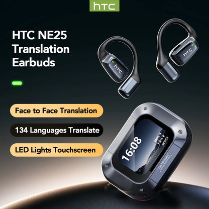HTC NE25 Bluetooth Earphones AI Translator Earbuds Noise Lightweight Earbuds LCD Touch Screen Wireless Headphones 60h Long Life