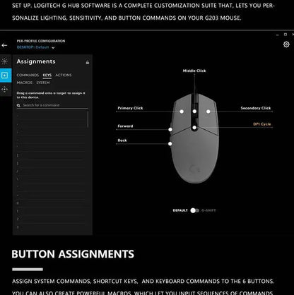 Logitech G203 Prodigy Wired Gaming Mouse 8000 DPI RGB Lighting 6 Buttons On-Board Memory 2.1m Cable Windows ChromeOS