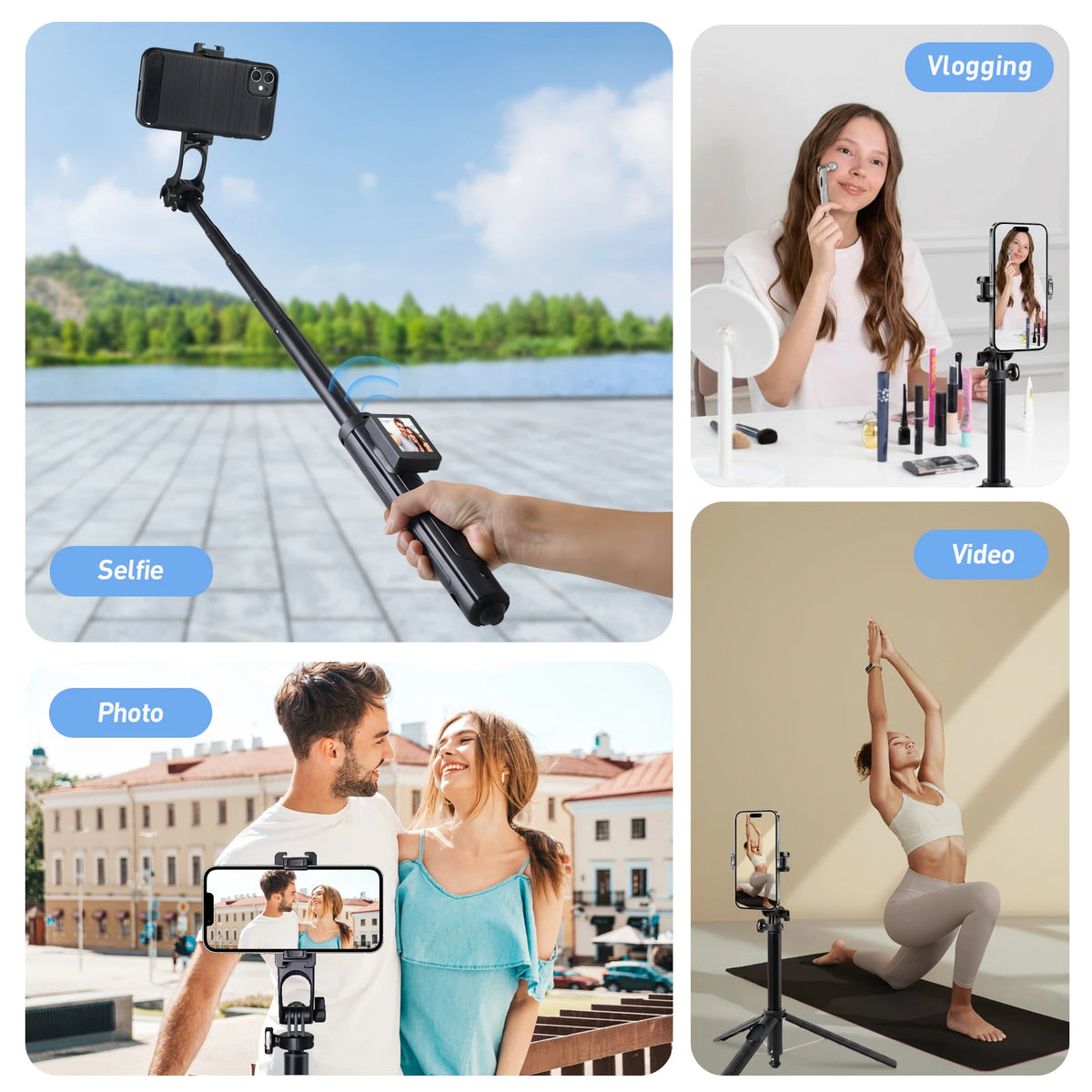 2in1 Selfie Stick Tripod Screen Sharing Device with Remote Aluminum Alloy Phone Tripod Bluetooth Remote and 270°Rotation Stand
