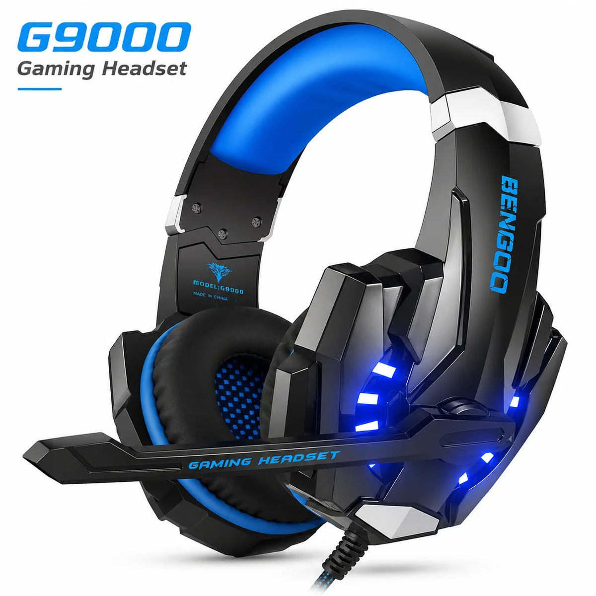 G9000 Wired Gaming Headset with Mic, Blue LED Stereo Over-Ear Headphones for PC PS4 PS5 Xbox Switch Laptop Mobile