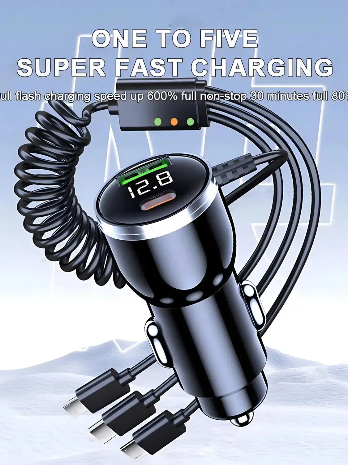 230W Car Charger PD QC 3.0 Fast Charging 3‑in‑1 Coiled Cable L-Port Type‑C Micro USB Dual Port Car Phone Charger with LED Displa