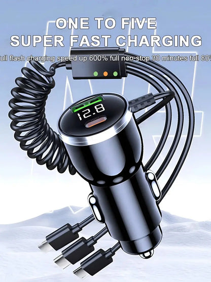 230W Car Charger PD QC 3.0 Fast Charging 3‑in‑1 Coiled Cable L-Port Type‑C Micro USB Dual Port Car Phone Charger with LED Displa