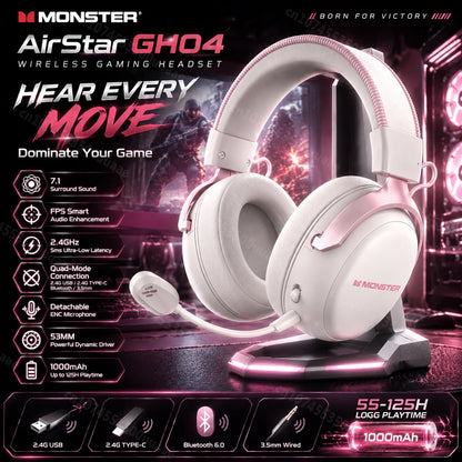 Monster GH04 Wireless Gaming Headphone 2.4G/Bluetooth 6.0 4-Mode 7.1 Surround Sound Esports Gaming Headset with Detachable Mic