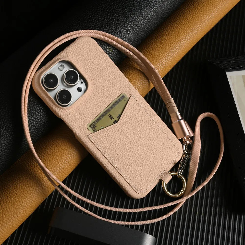 Multifunctional Charging Cable Lanyard Genuine Leather Case for IPhone 18 Pro Max 17Pro 16 15 14 13Pro Crossbody Strap Card Slot