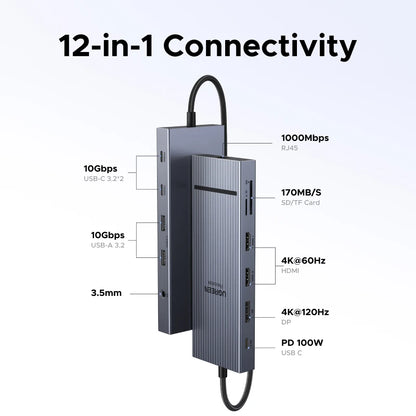 UGREEN USB HUB 4K120Hz DP Type-C to 4K60Hz 2xHDMI SD/TF RJ45 3.5mm USB3.2 Gen2 10Gbps Data for Laptop Dell HP Lenovo Accessories