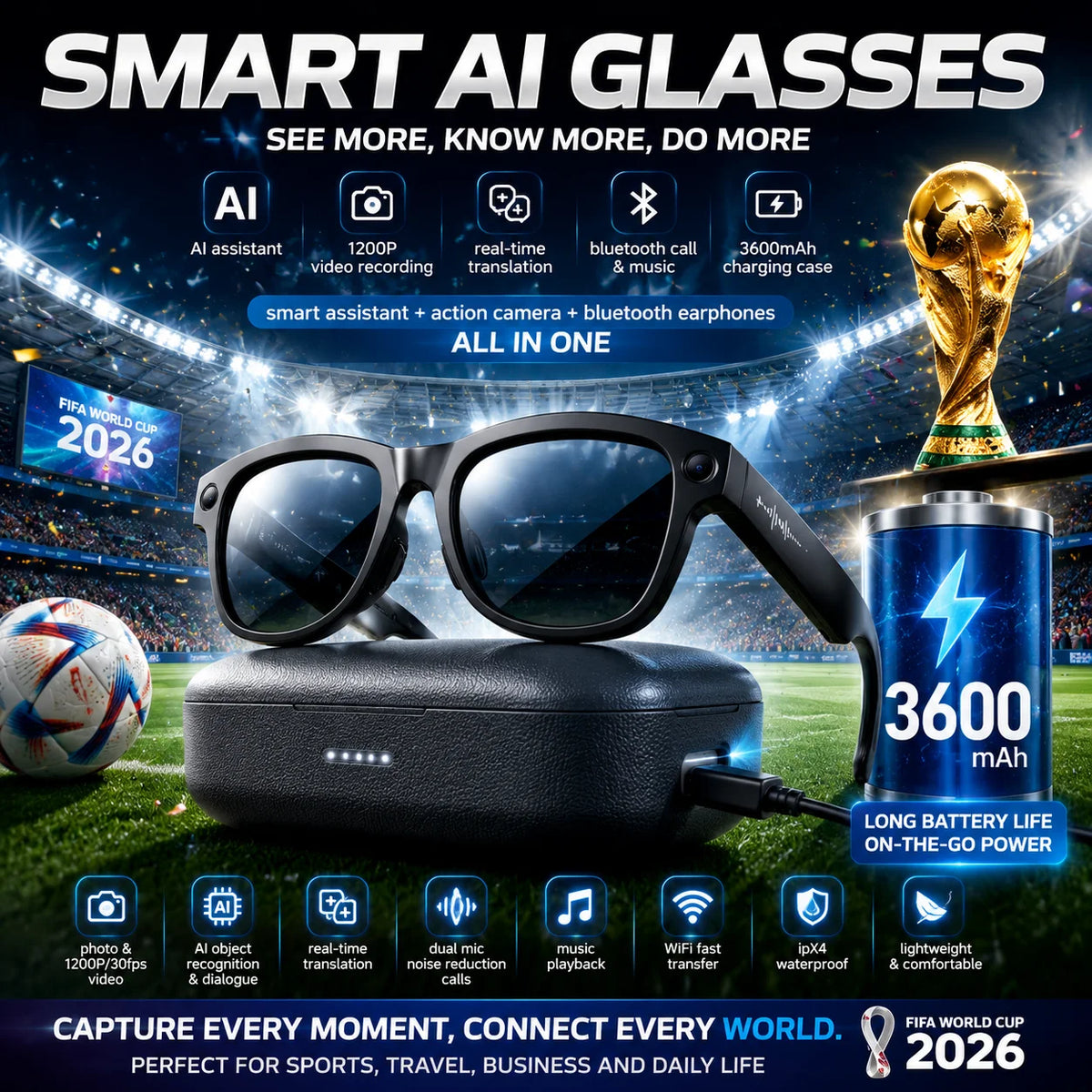 New 2026 Smart Camera Glasses, 1200P Recording, 8MP Photo, 32GB Storage, WiFi App Transfer, Bluetooth Music Call Eyewear Outdoor