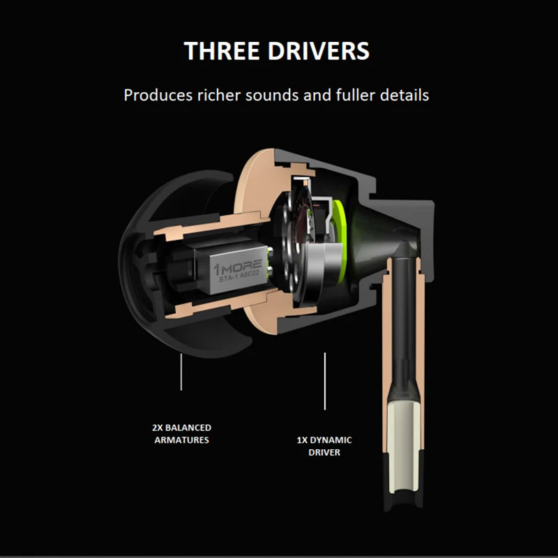 1MORE Triple Driver E1001 In-Ear Wired Earphones Hi-Res Audio 3.5mm Headphones with High Resolution Bass Driven Sound